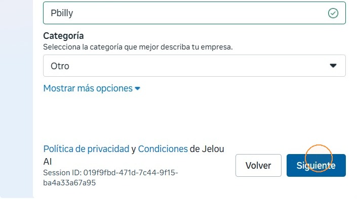 Categoría seleccionada y botón Siguiente