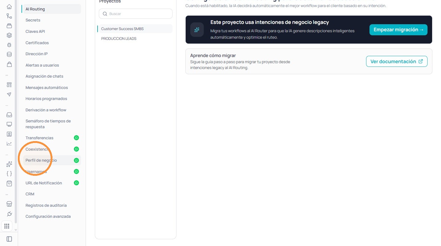 Opción Perfil de negocio dentro de la configuración