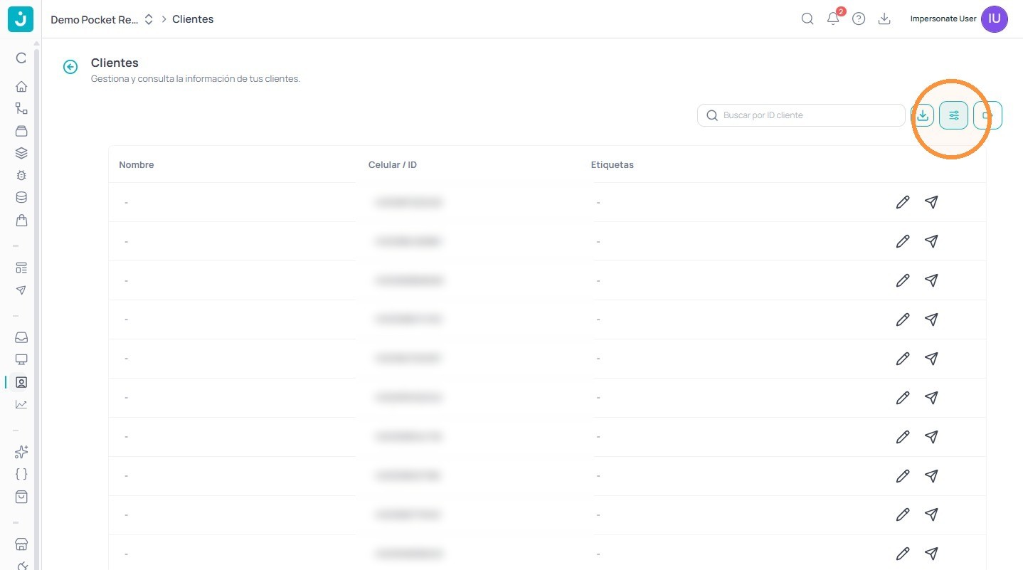 Listado de clientes con el buscador y los filtros