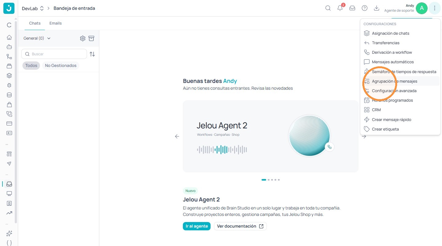 Opción Agrupación de mensajes en el menú de configuración