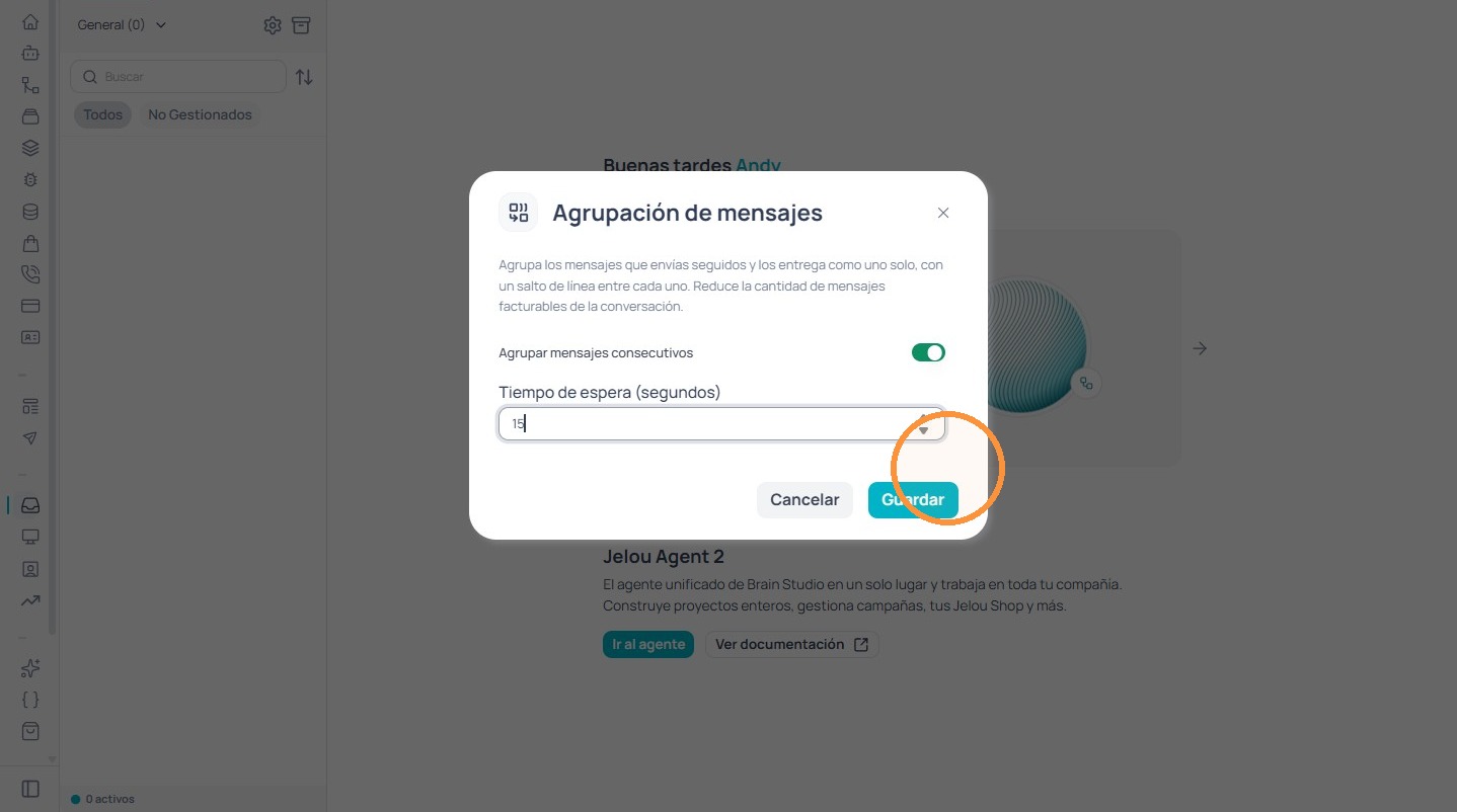 Configuración guardada con tiempo de espera en 15