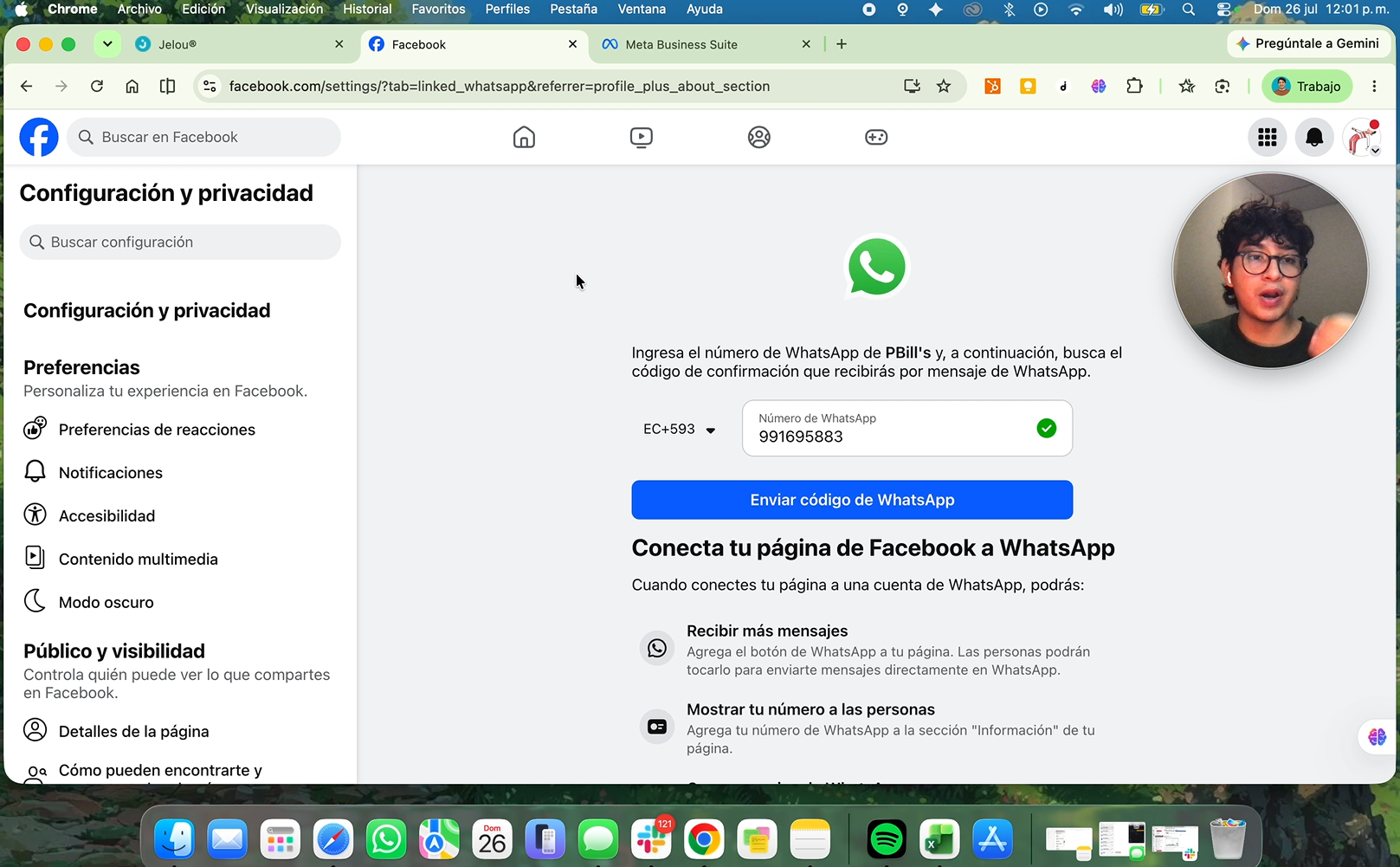 Pantalla de Facebook para ingresar el número de WhatsApp y enviar código de verificación