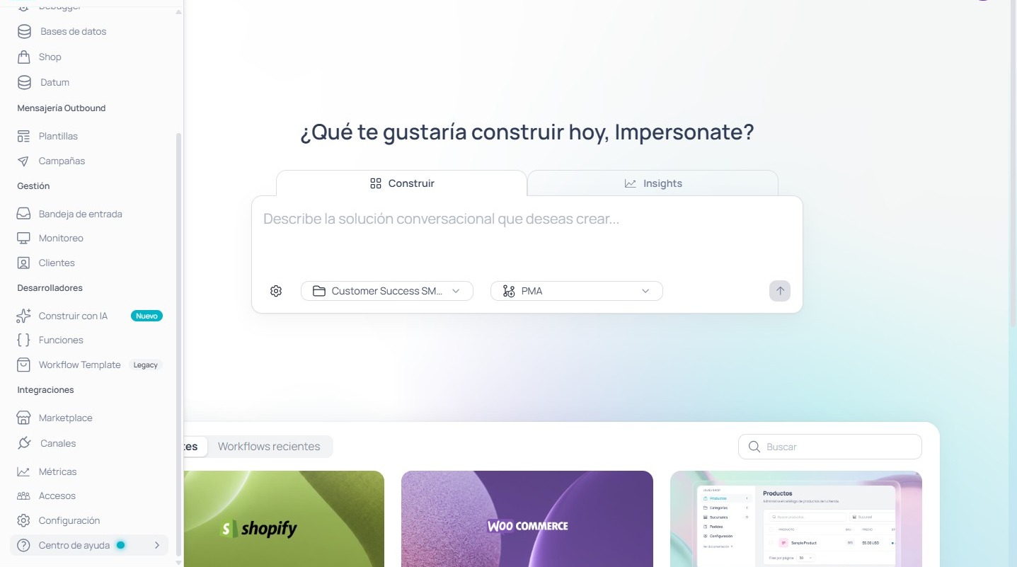 Pantalla principal de la plataforma Jelou