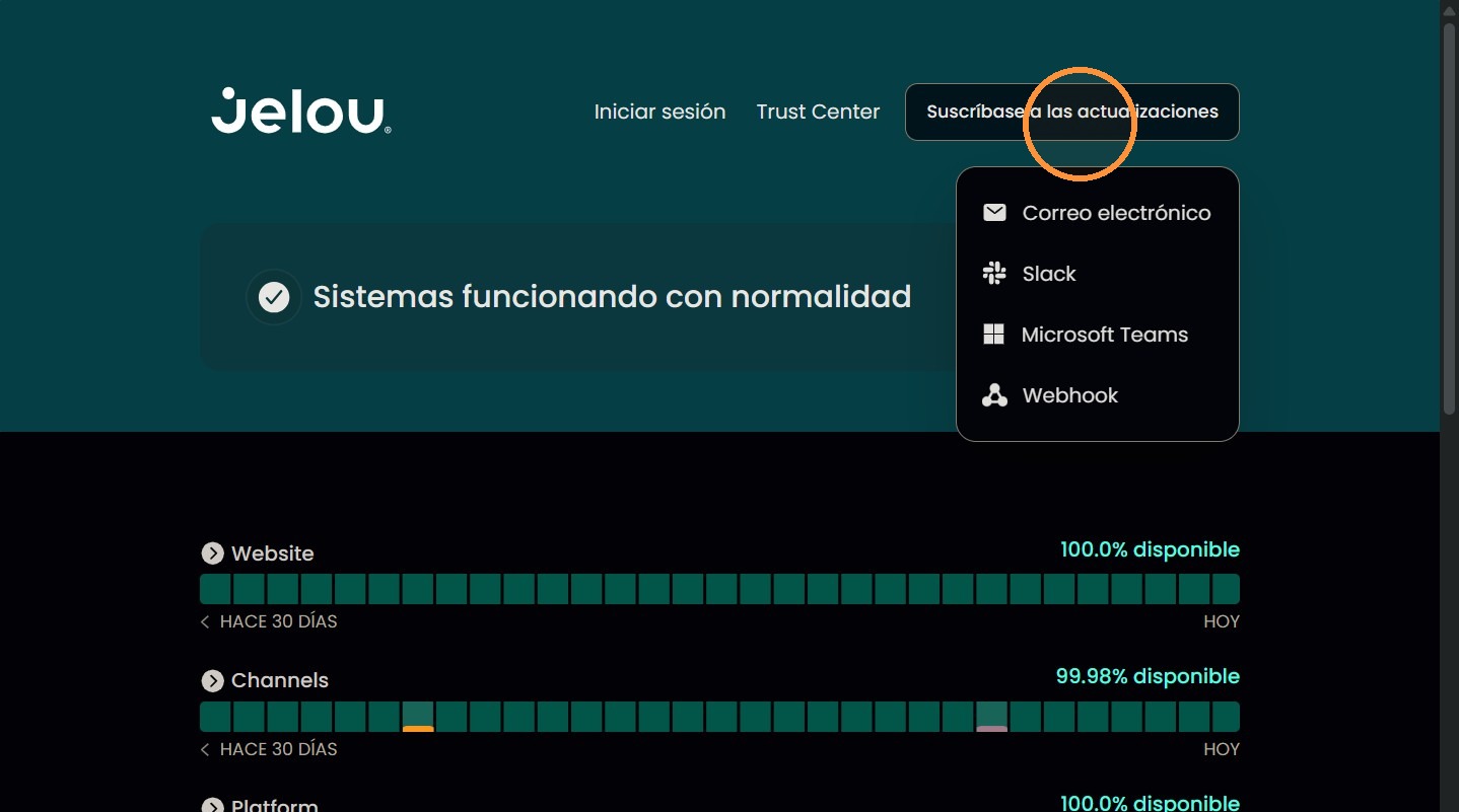 Página de estatus con opciones de suscripción