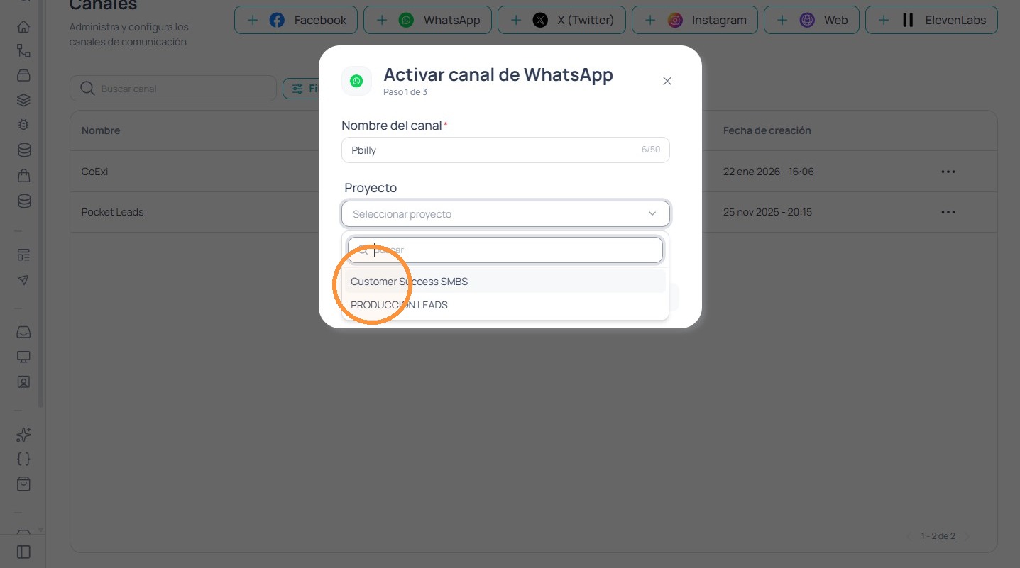 Proyecto seleccionado en el dropdown