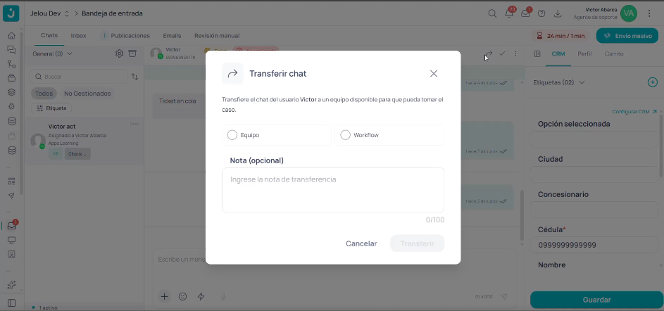 Ventana Transferir chat con opciones Equipo y Workflow