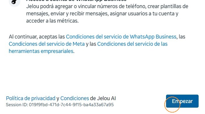 Pantalla Empezar del flujo de Meta