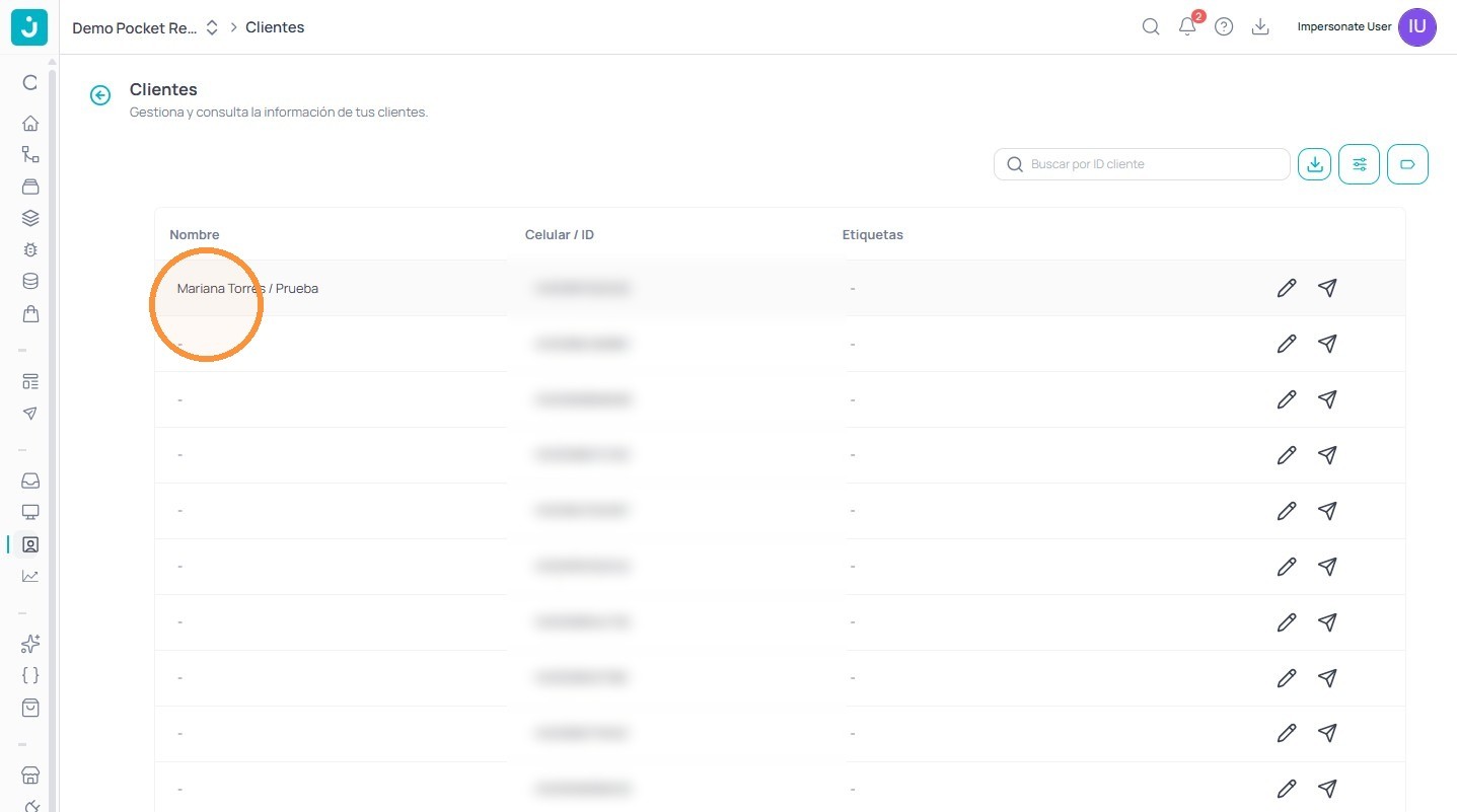 Listado de clientes mostrando el nombre actualizado