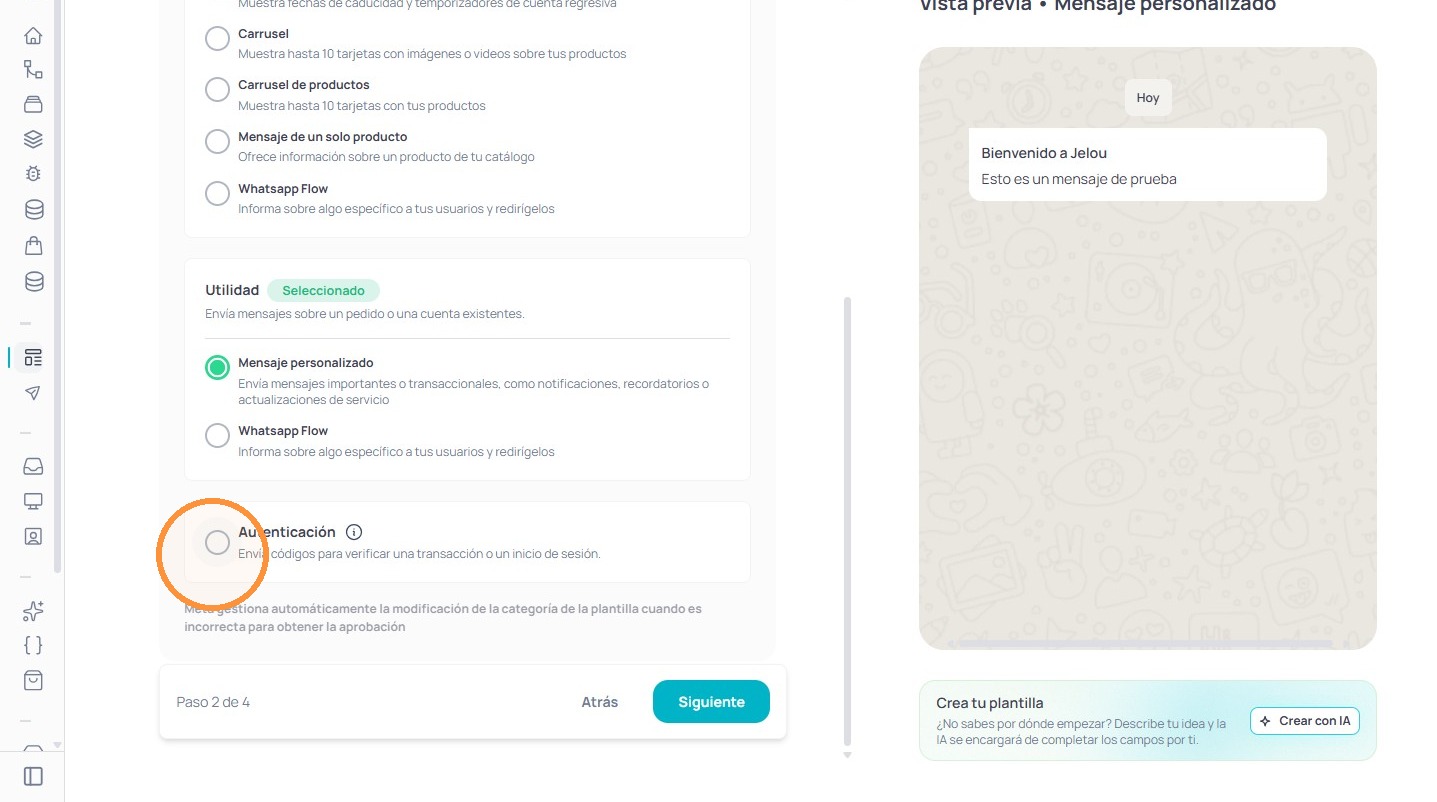 Opción de plantilla tipo Autenticación