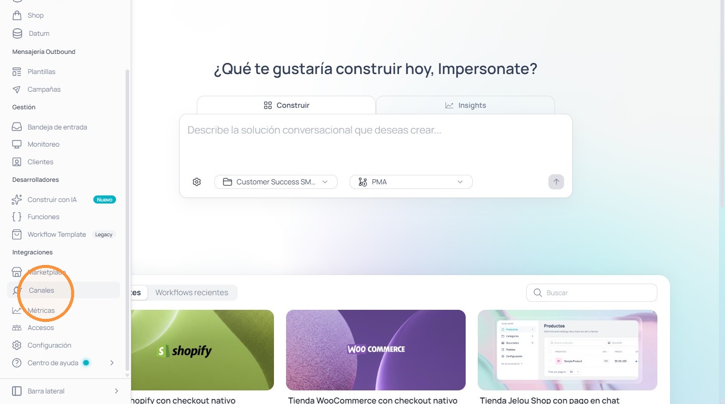 Menú Canales en el sidebar de Jelou