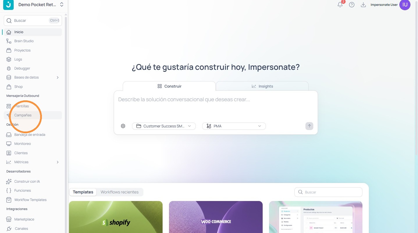 Opción Campañas en el menú lateral