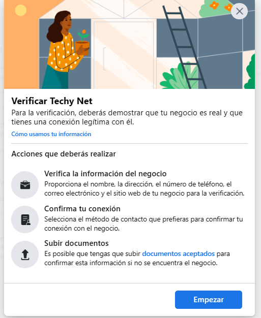 Ventana de verificación del negocio en Meta