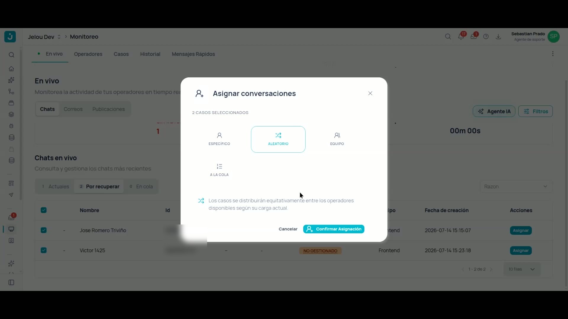 Modo Aleatorio: distribución equitativa entre operadores