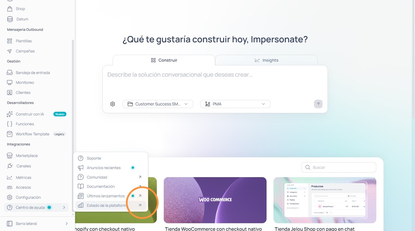 Opción Estado de la plataforma en el submenú