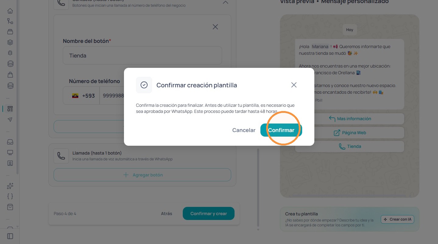Nombre Tienda y número de teléfono completados