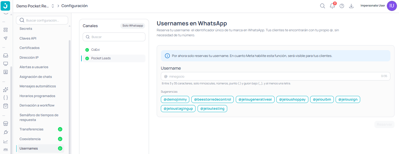 Pantalla de reserva de username en WhatsApp dentro de Jelou