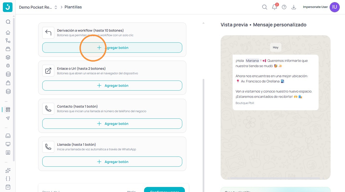 Sección Derivación a workflow con opción Agregar botón
