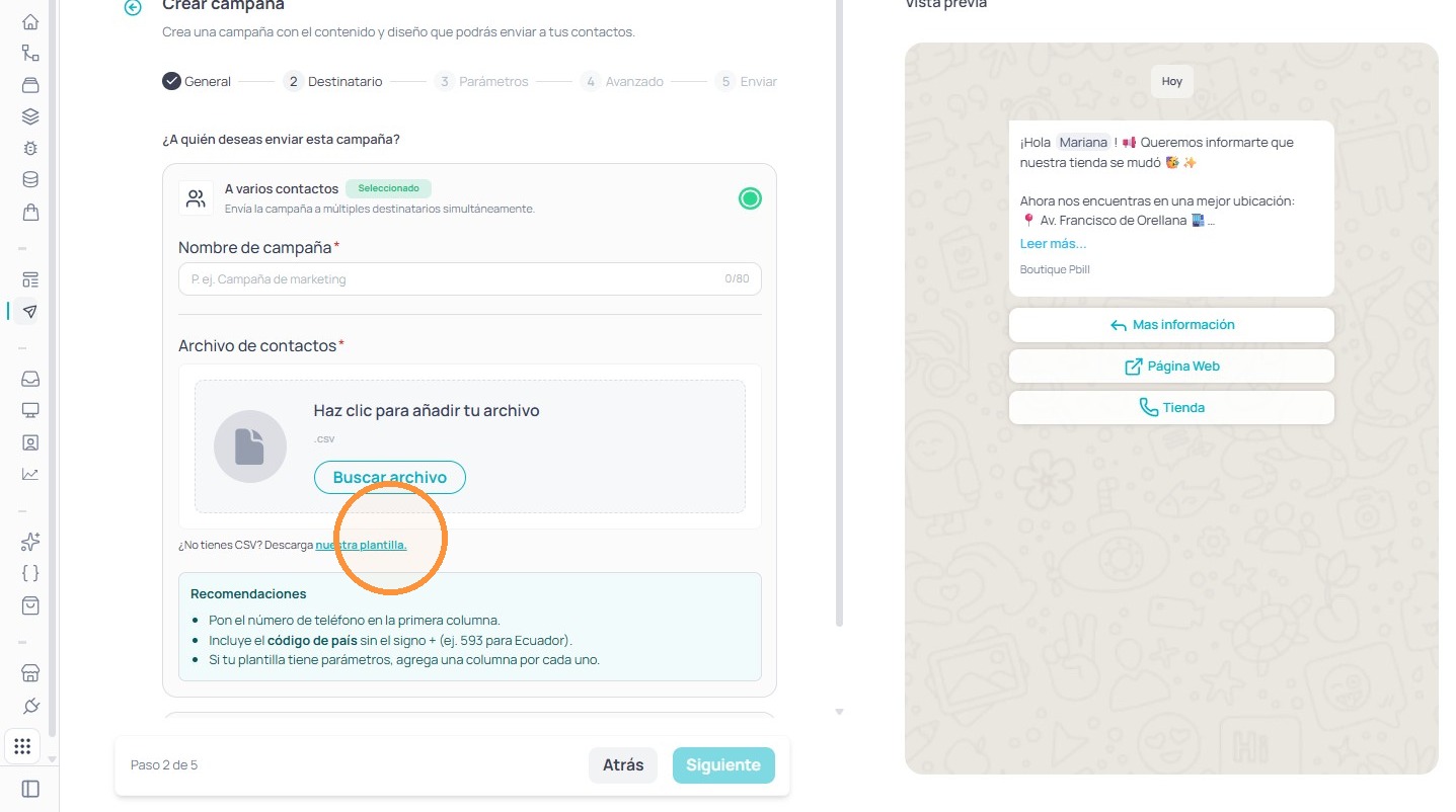 Carga del archivo de contactos en CSV
