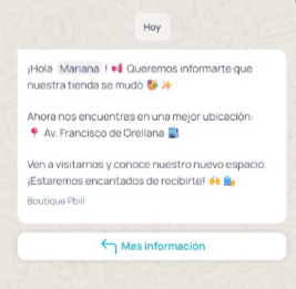 Vista previa del mensaje con botón Mas información en WhatsApp