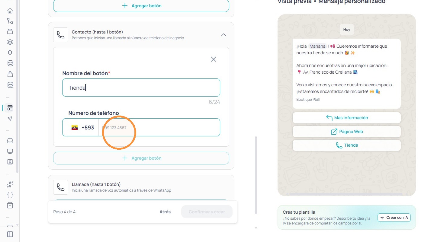 Campo Nombre del botón para Enlace o URL