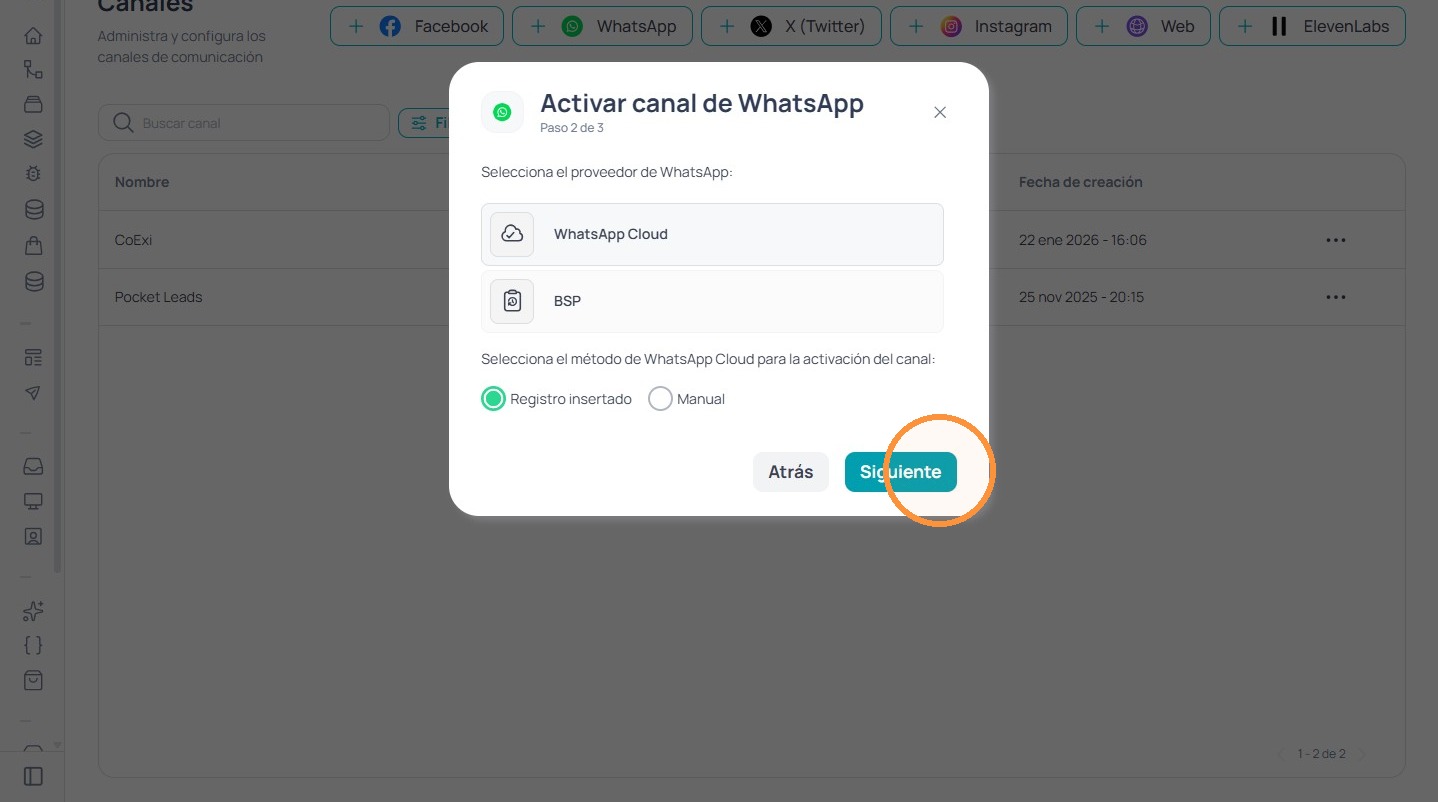 Botón Siguiente después de elegir WhatsApp Cloud