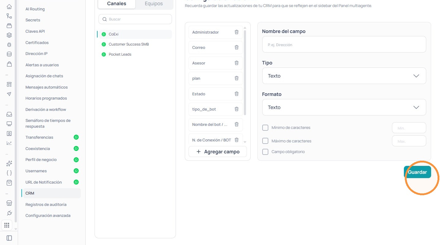 Botón Guardar de la configuración de CRM