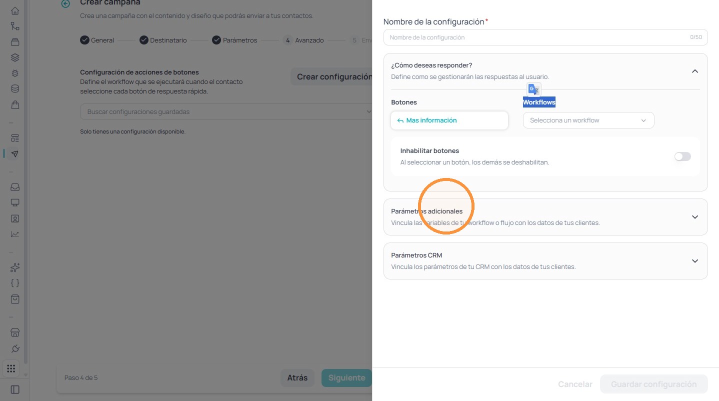 Sección Parámetros adicionales