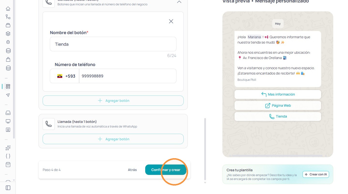 Campo Nombre del botón para Contacto