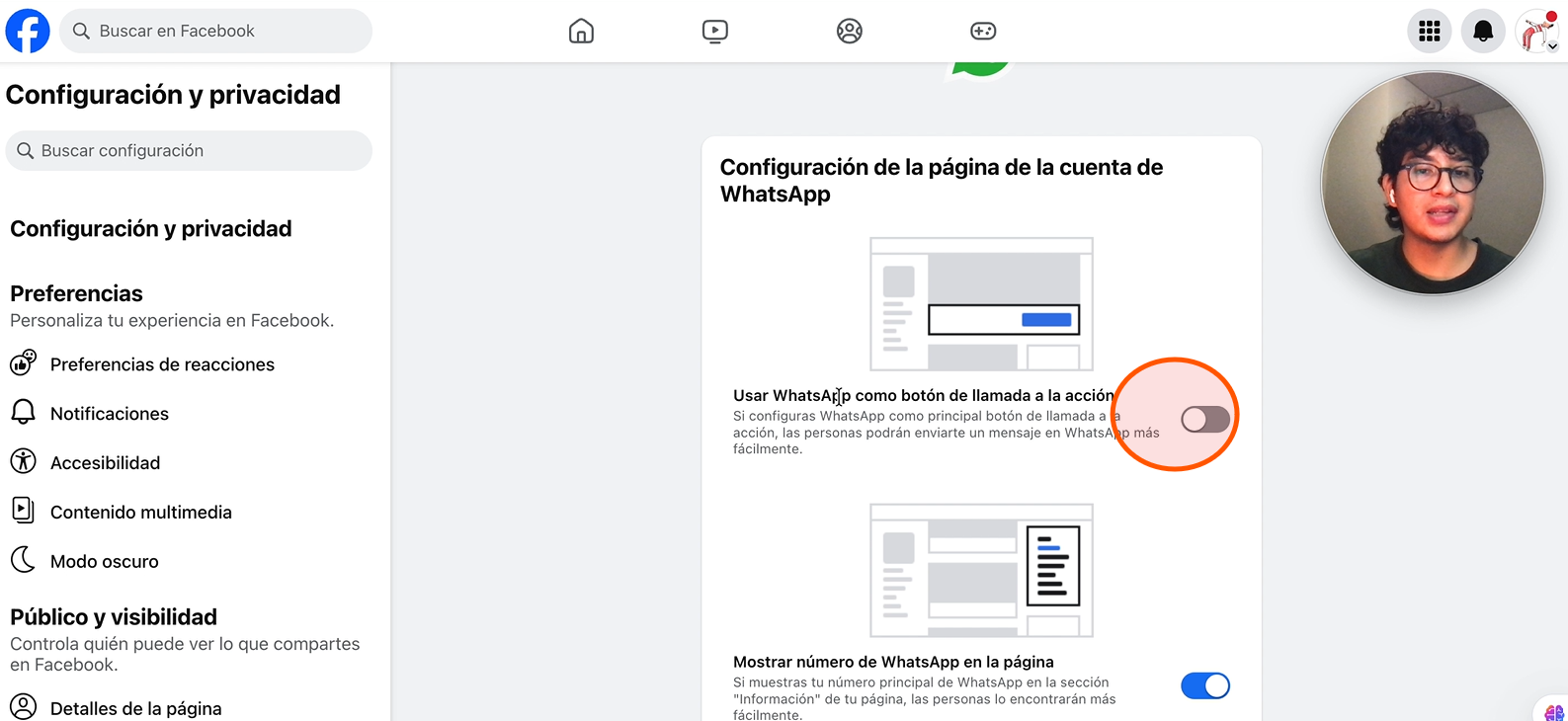 Switch de Usar WhatsApp como botón de llamada a la acción resaltado en la configuración de Facebook