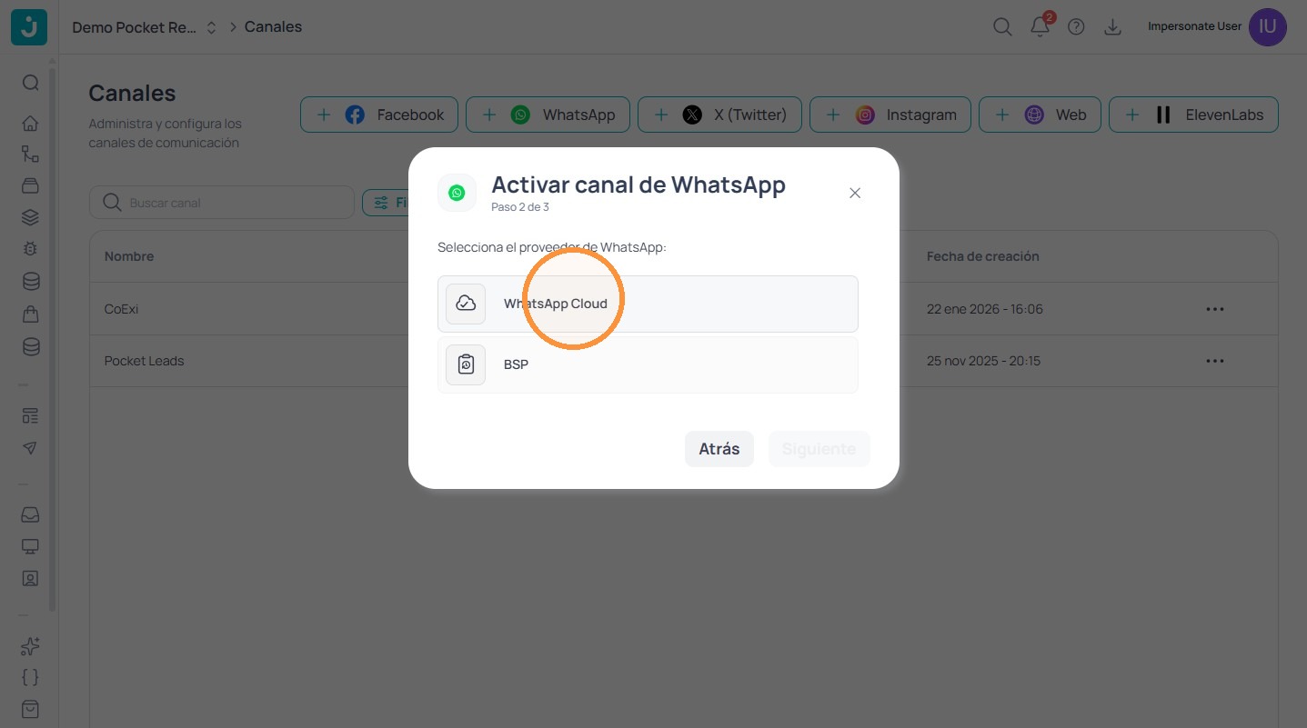 Selección de WhatsApp Cloud como proveedor