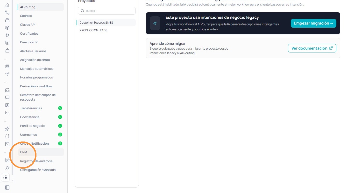Opción CRM dentro de la configuración