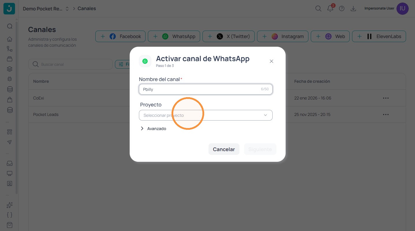 Dropdown Seleccionar proyecto