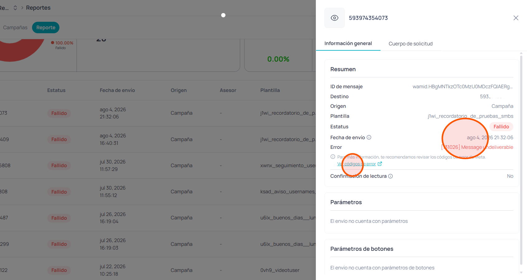 Panel de información general con el código de error del envío