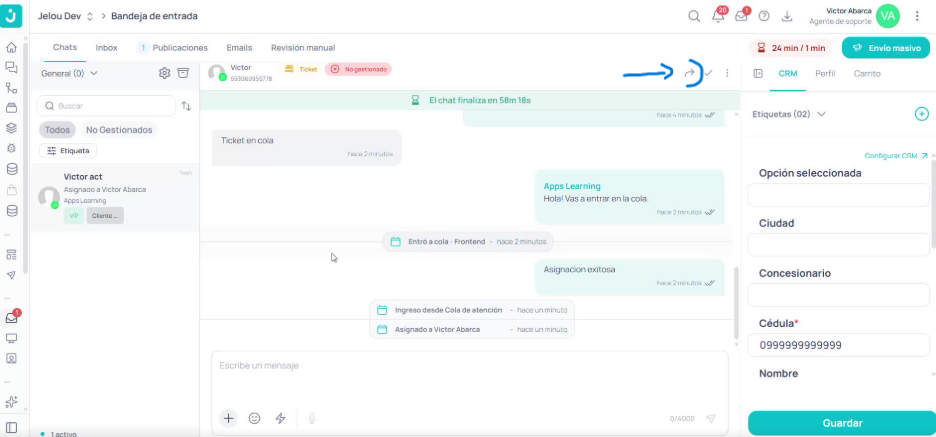 Ícono de transferir chat en la cabecera del chat