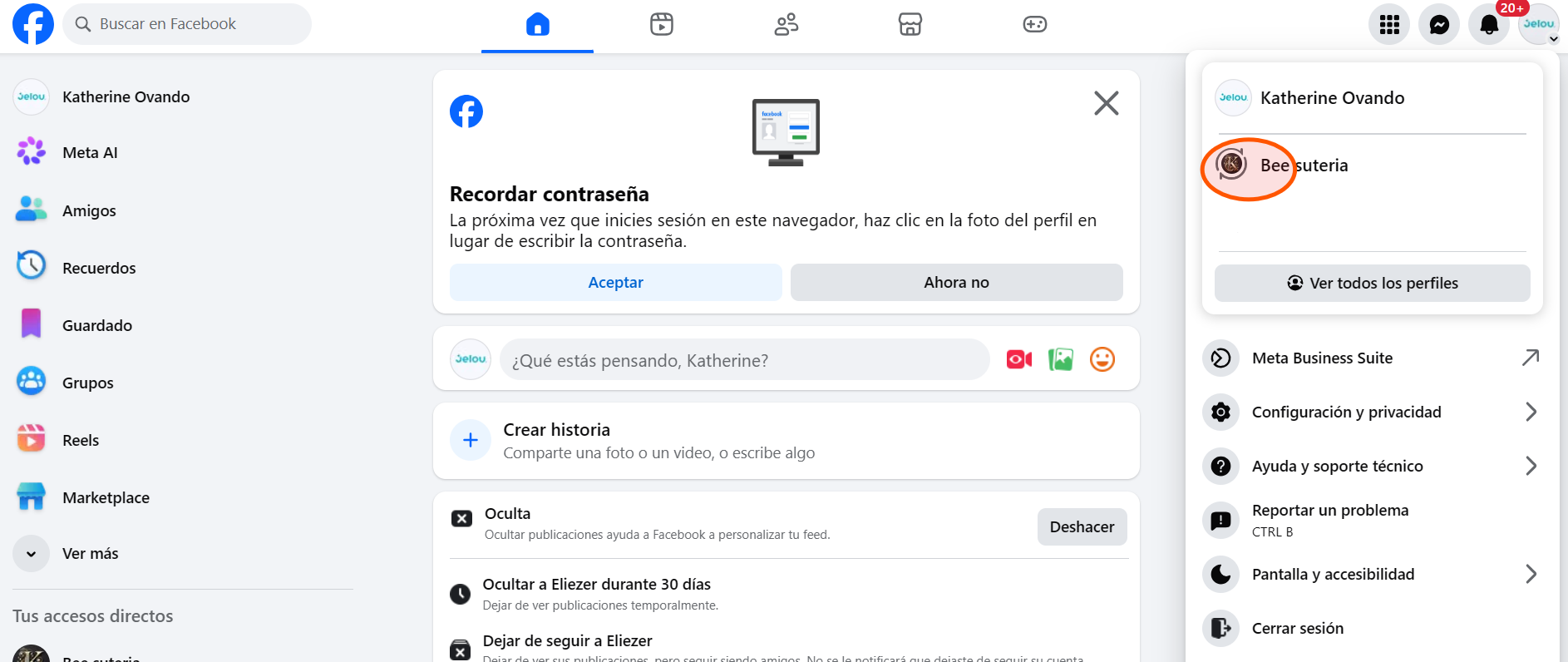 Selector de perfiles de Facebook con la Fan Page del comercio resaltada